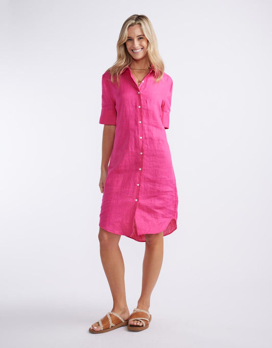 Image of Dresses. Productname: Hettie Linen Shirt Dress - in Fuchsia colour by brand - White by FTL