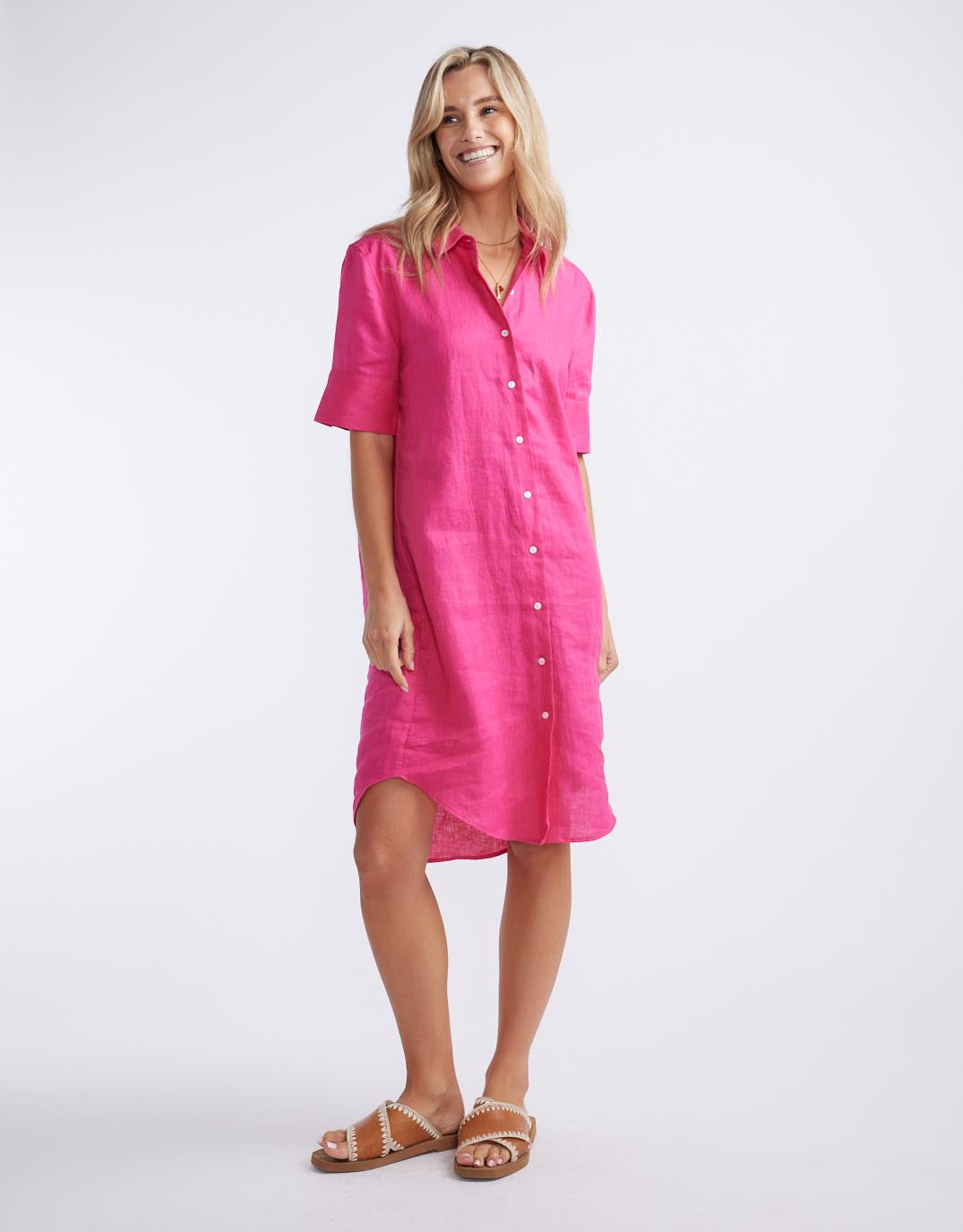 White by FTL Hettie Linen Shirt Dress (Fuchsia)