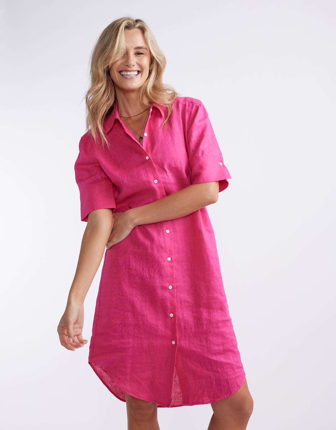 White by FTL Hettie Linen Shirt Dress (Fuchsia)