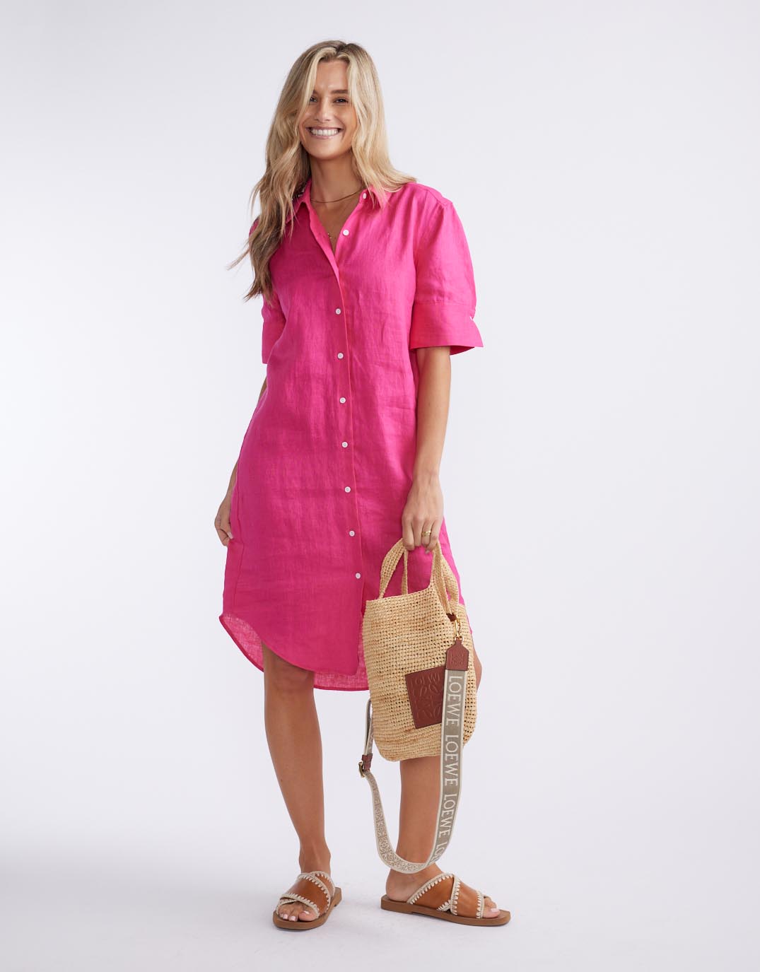 White by FTL Hettie Linen Shirt Dress (Fuchsia)