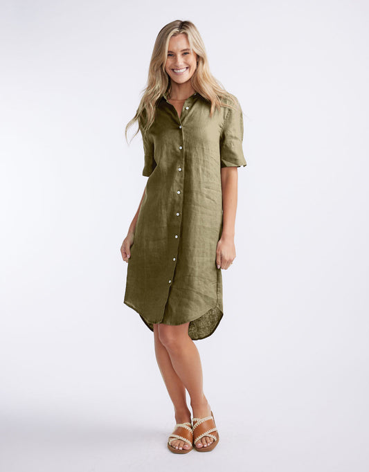 Image of Dresses. Productname: Hettie Linen Shirt Dress - in Khaki colour by brand - White by FTL