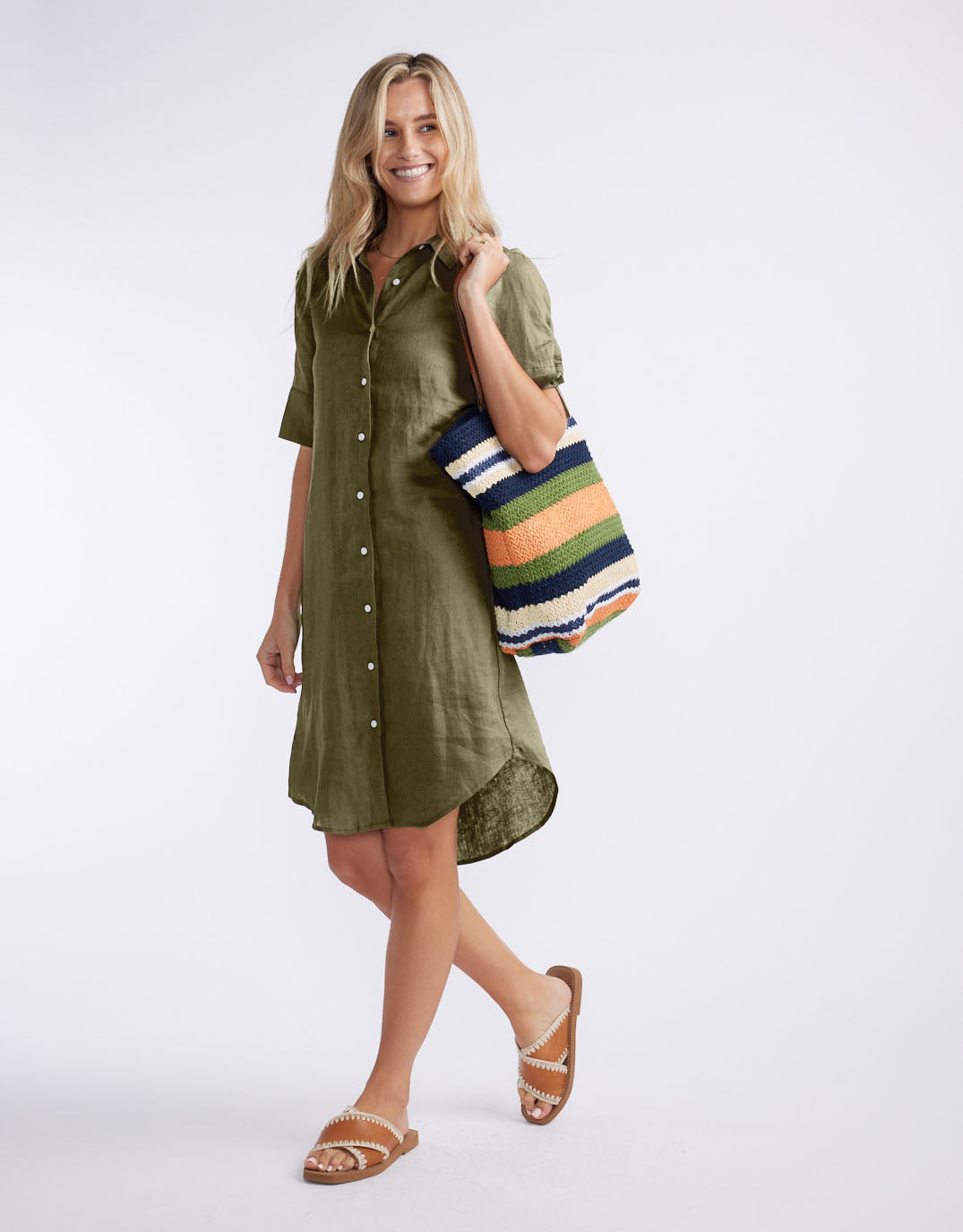 White by FTL Hettie Linen Shirt Dress (Khaki)