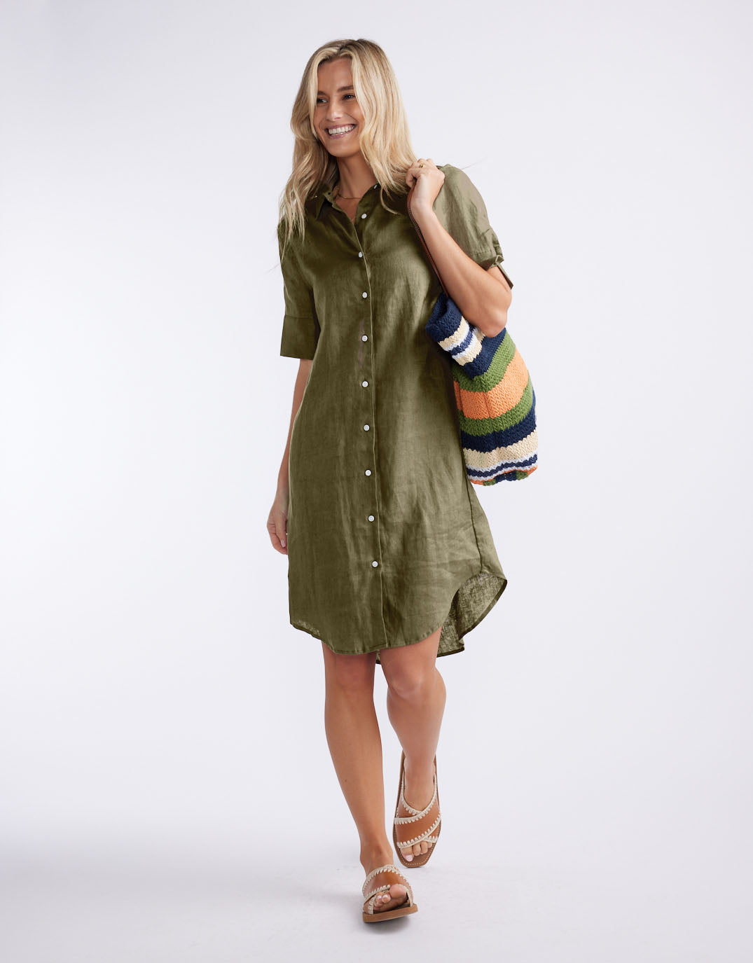 White by FTL Hettie Linen Shirt Dress (Khaki)
