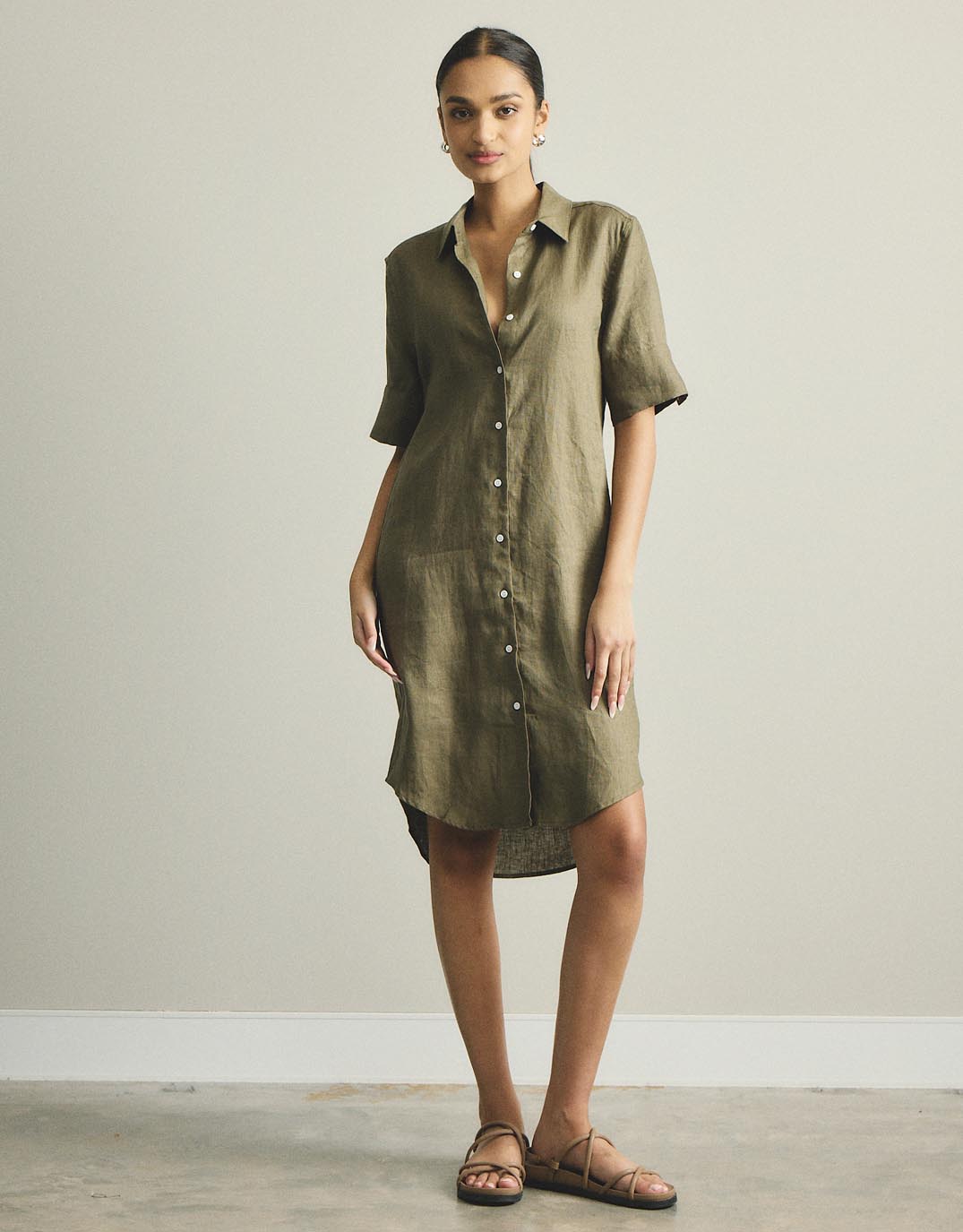 White by FTL Hettie Linen Shirt Dress (Khaki)