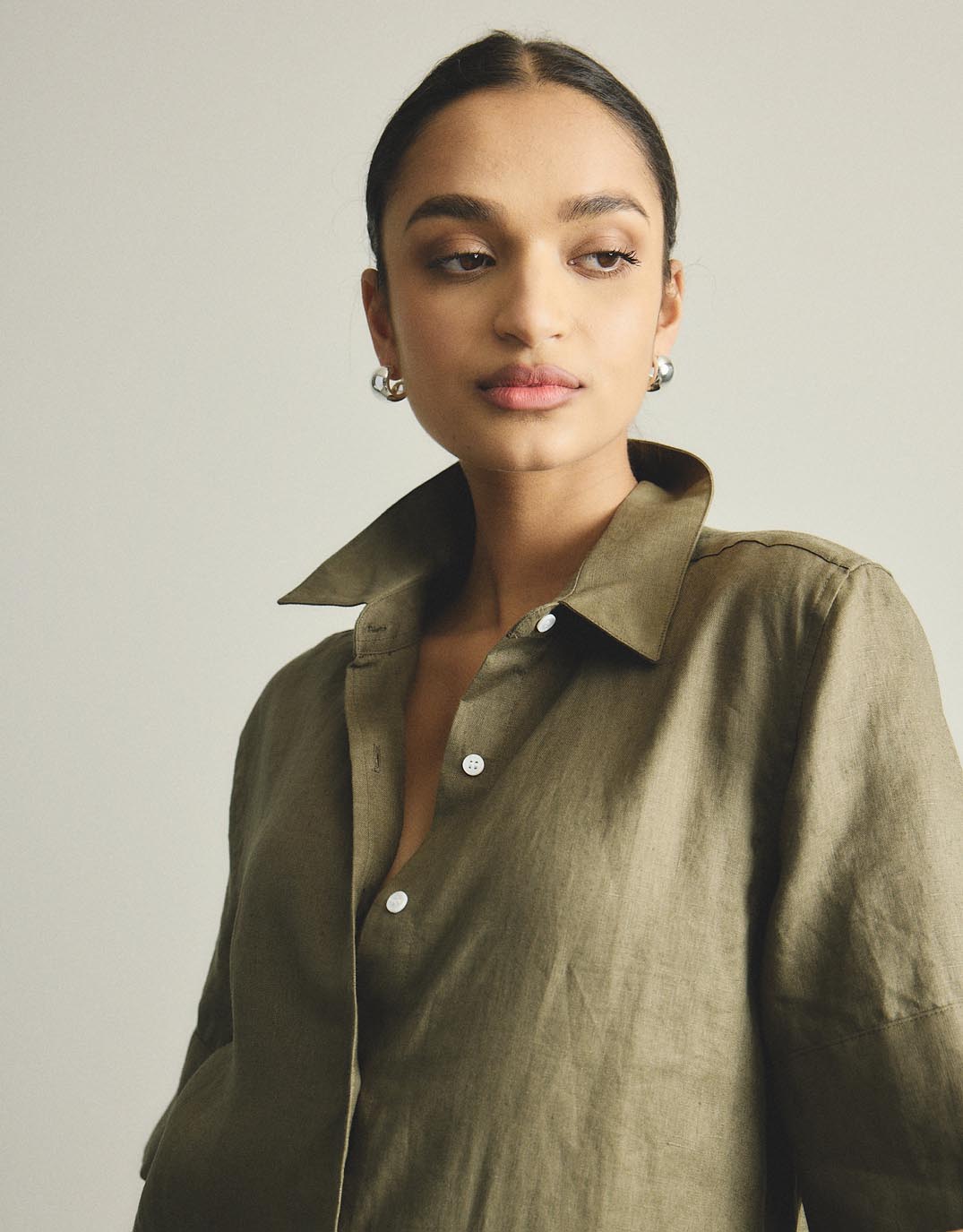 White by FTL Hettie Linen Shirt Dress (Khaki)