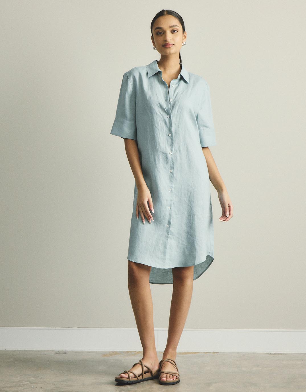 White by FTL Hettie Linen Shirt Dress (Sage)
