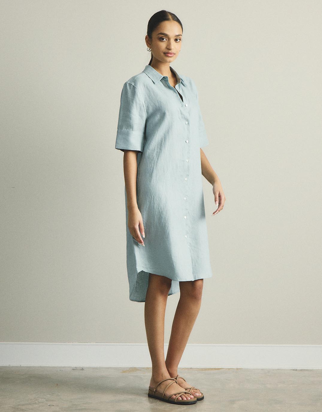 White by FTL Hettie Linen Shirt Dress (Sage)