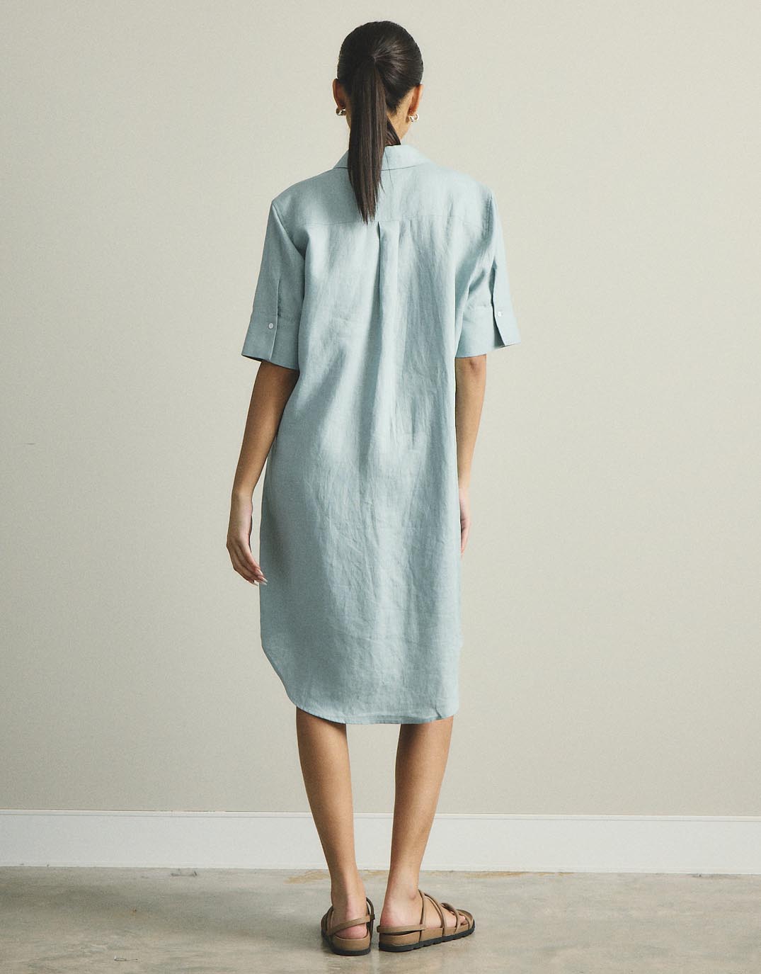 White by FTL Hettie Linen Shirt Dress (Sage)
