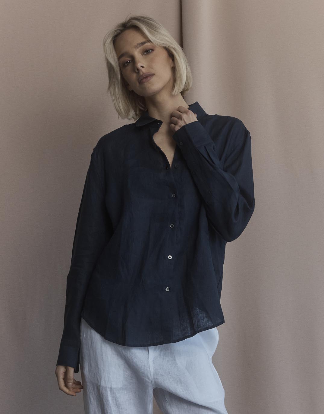 White by FTL Katie Linen Shirt (Navy)