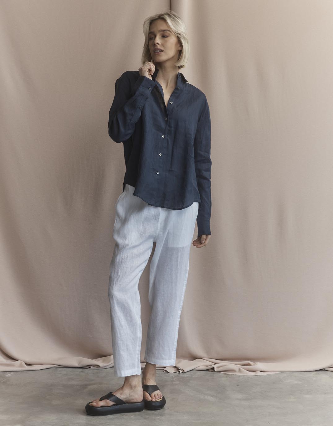 White by FTL Katie Linen Shirt (Navy)