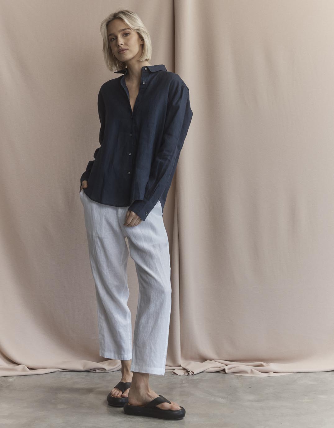 White by FTL Katie Linen Shirt (Navy)