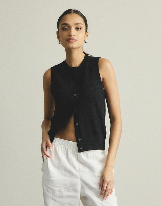 Image of a model wearing Tops. Productname: Kyra Button Tank - in Black colour by brand - White by FTL