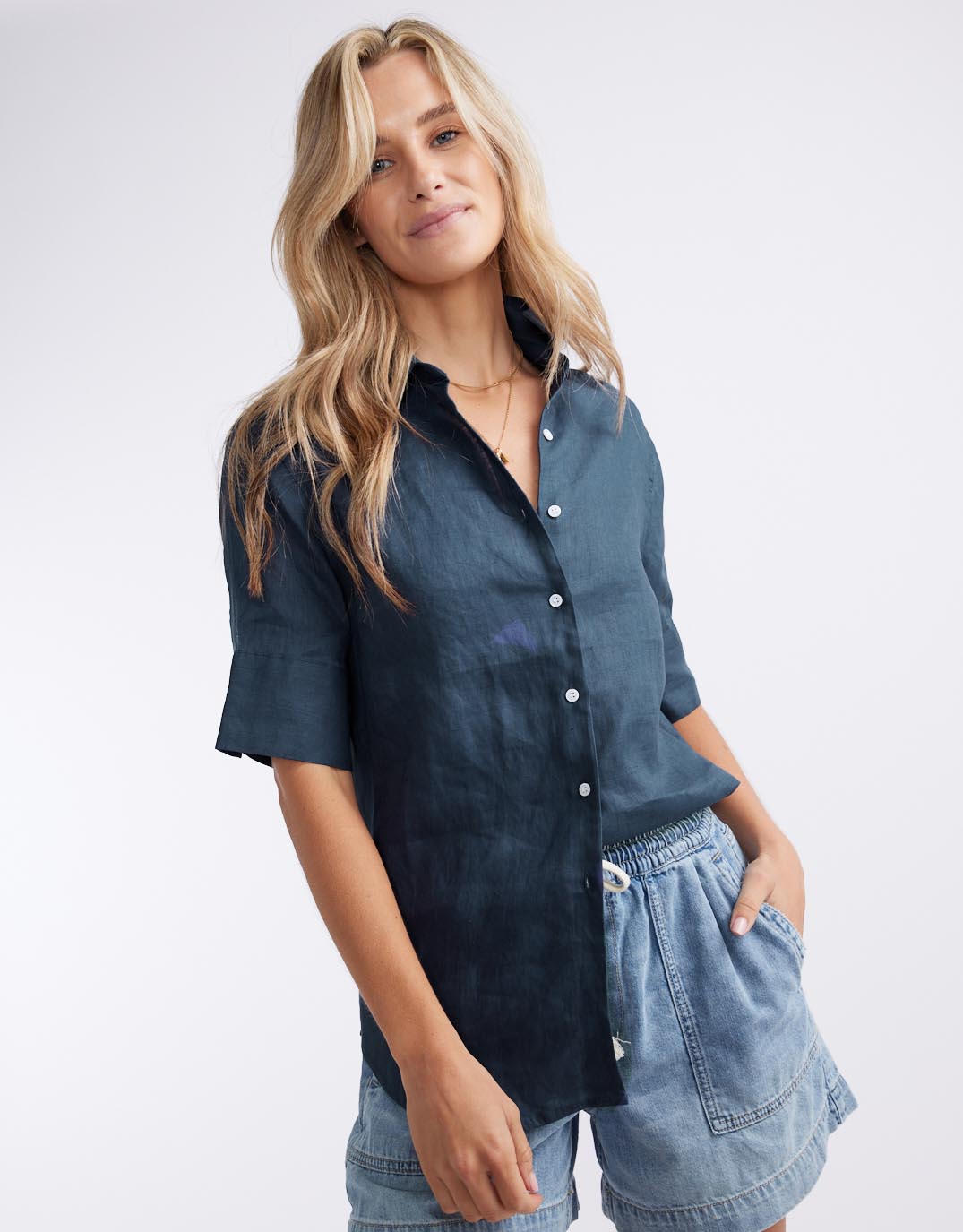 White by FTL Nora Linen Shirt (French Navy)