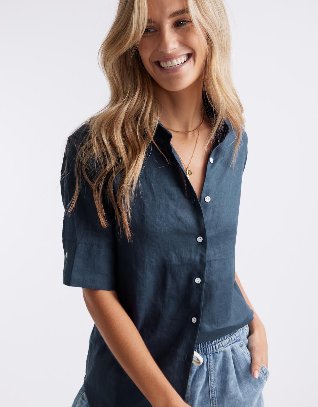White by FTL Nora Linen Shirt (French Navy)