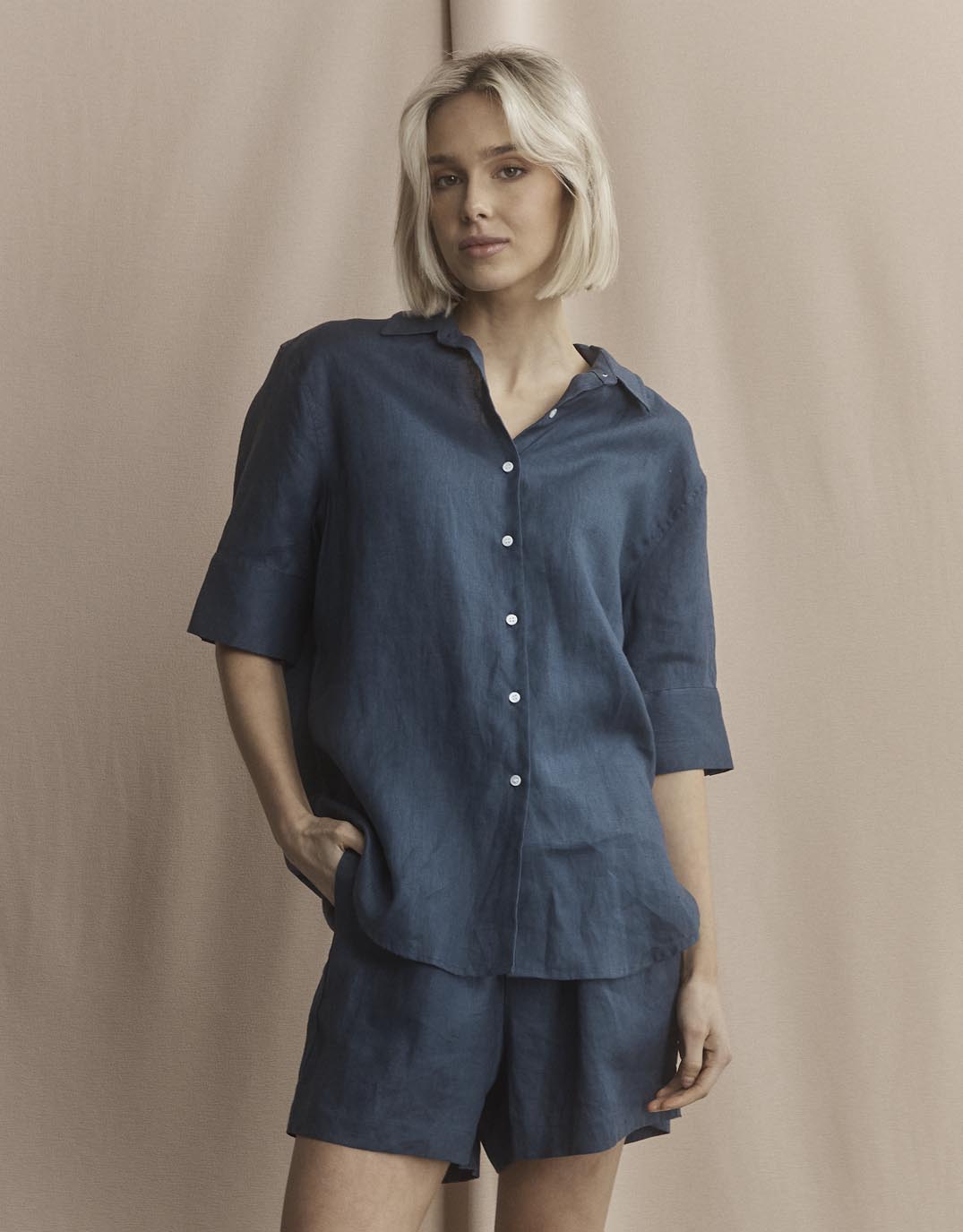 White by FTL Nora Linen Shirt (French Navy)