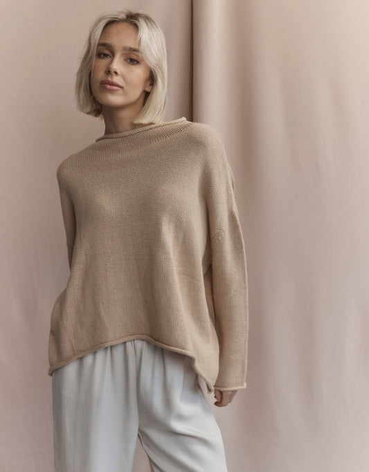 Image of a model wearing Tops. Productname: Rilee Sweater - in Oatmeal colour by brand - White by FTL