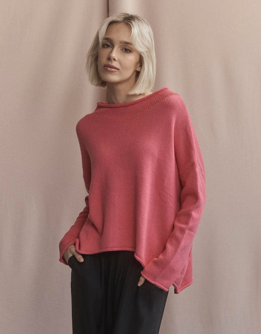 Image of a model wearing Tops. Productname: Rilee Sweater - in Pink colour by brand - White by FTL