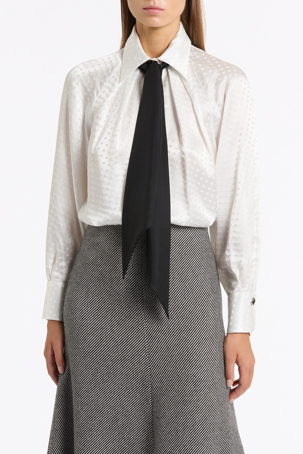 Carla Zampatti Jacquard Spot Contrast Scarf Top (White)