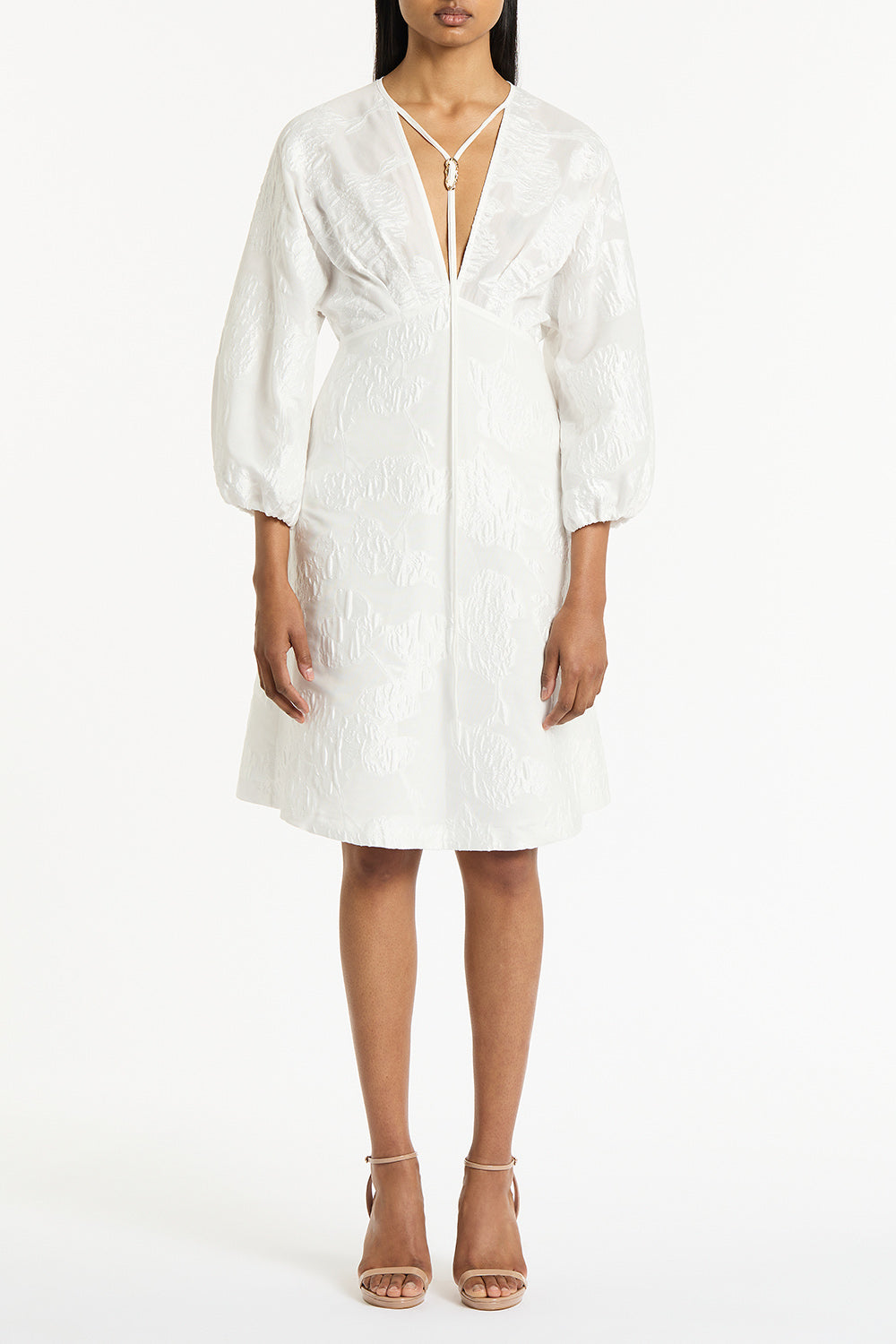 Image of Dresses. Product name - White Mesh Jacquard Midi Dress in White colour by brand - Carla Zampatti