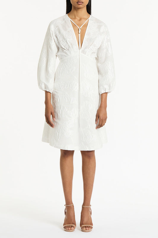 Image of Dresses. Product name - White Mesh Jacquard Midi Dress in White colour by brand - Carla Zampatti