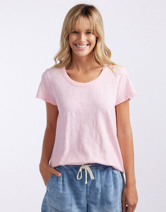 Image of a model wearing Tops. Productname: Original Round Neck T-Shirt - in Ice Pink colour by brand - White & Co.