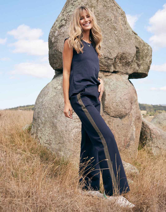 Image of a model wearing Pants. Productname: Timeless Straight Leg Ponte Pant - in Navy/Khaki colour by brand - White & Co.