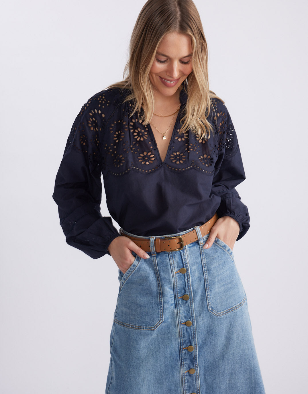 White & Co. Fleur Broderie Blouse (Navy)