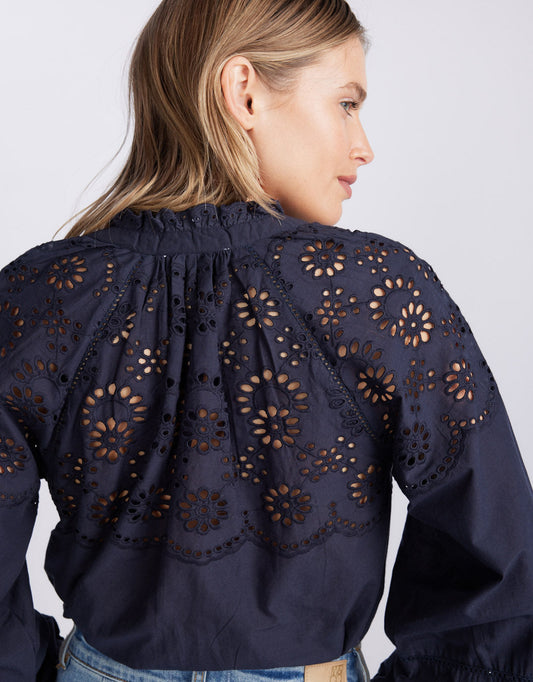 White & Co. Fleur Broderie Blouse (Navy)