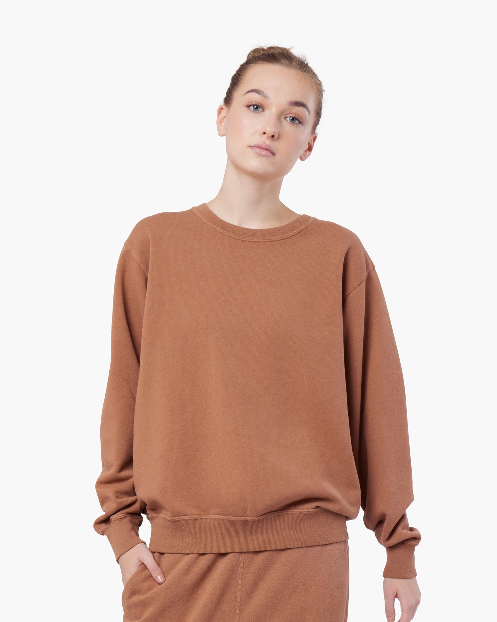 Image of a model wearing Tops. Productname: Core Classic Crewneck Nutmeg in Nutmeg colour by brand - TKEES