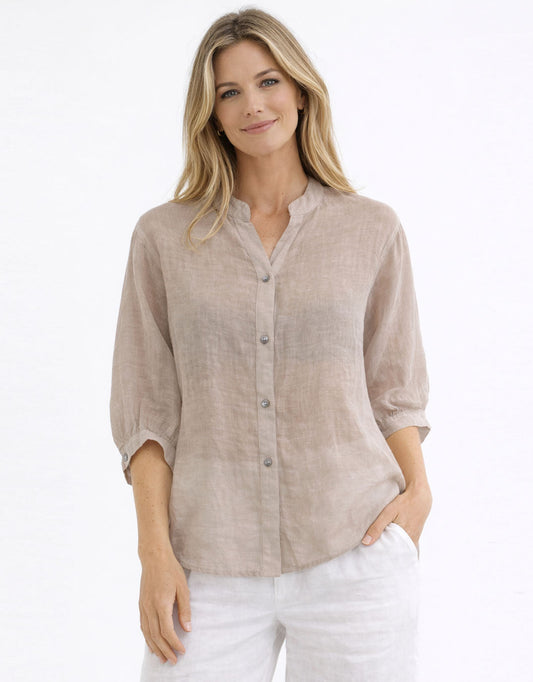 Image of a model wearing Tops. Productname: Allegra Linen Shirt - in Biscuit colour by brand - Worthier The Label