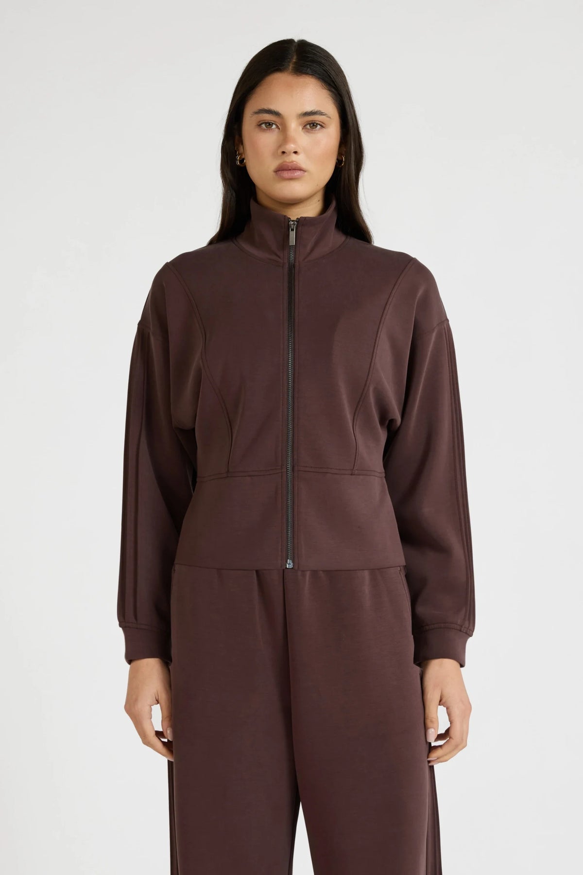 Image of Coats & Jackets. Product name - Soft Luxury Panel Full Zip Jacket in Espresso colour by brand - All Fenix