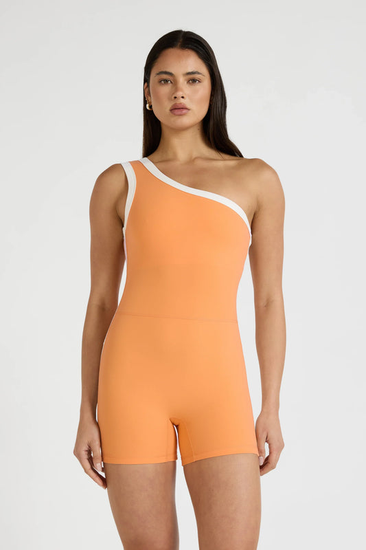 Image of Activewear. Product name - ALLFENIX CloudCore Contrast One Shoulder Unitard in Orange colour by brand - All Fenix