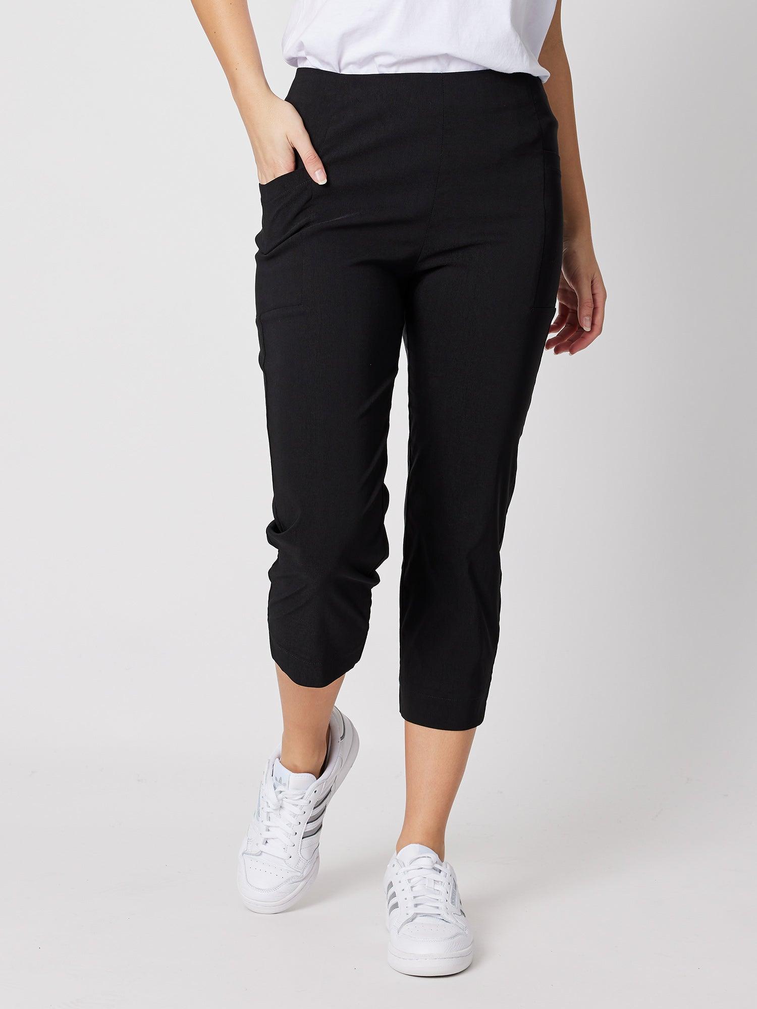 Image of a model wearing Pants. Product name - Zara Stretch Pant Black in Black colour by brand - Threadz